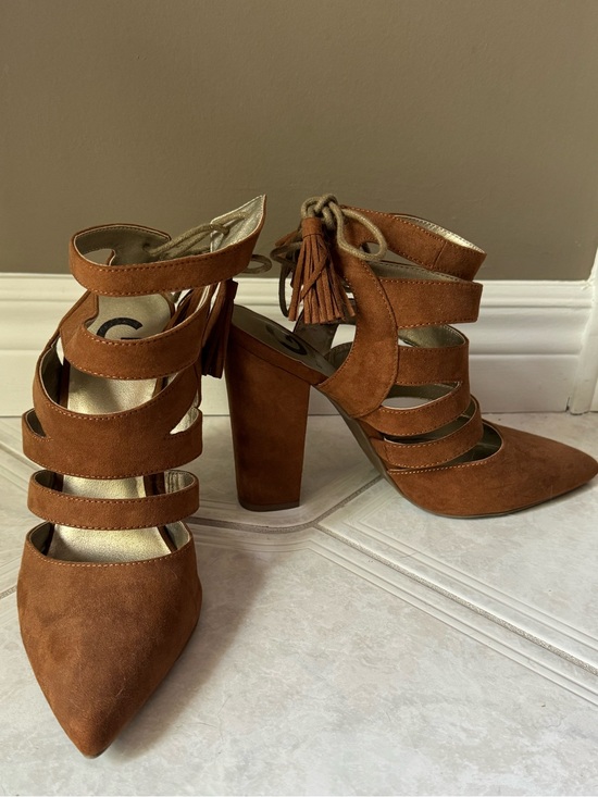 G by Guess Shoes - G by Guess Suede Strappy Tassel Block Heel Pumps in Cognac Brown